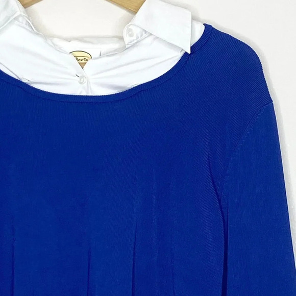 Talbots Blue White White Faux Layered Sweater Blouse Size L Long Sleeve Cuffs - Picture 2 of 11